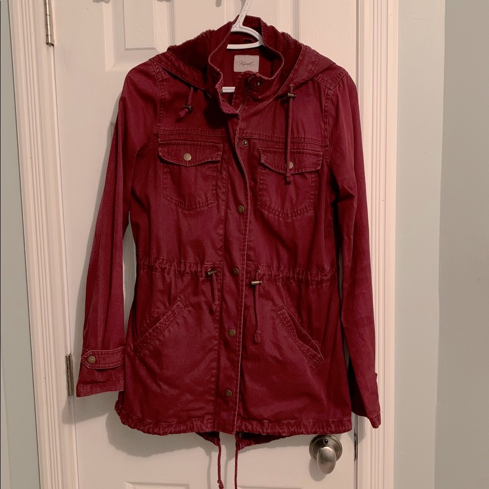 Burgundy 3/4 length utility jacket with lined hood